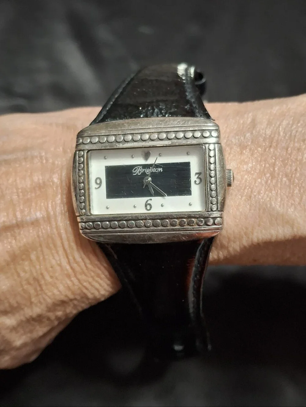 Brighton Vintage Silver and Black patent leather watch New battery works great